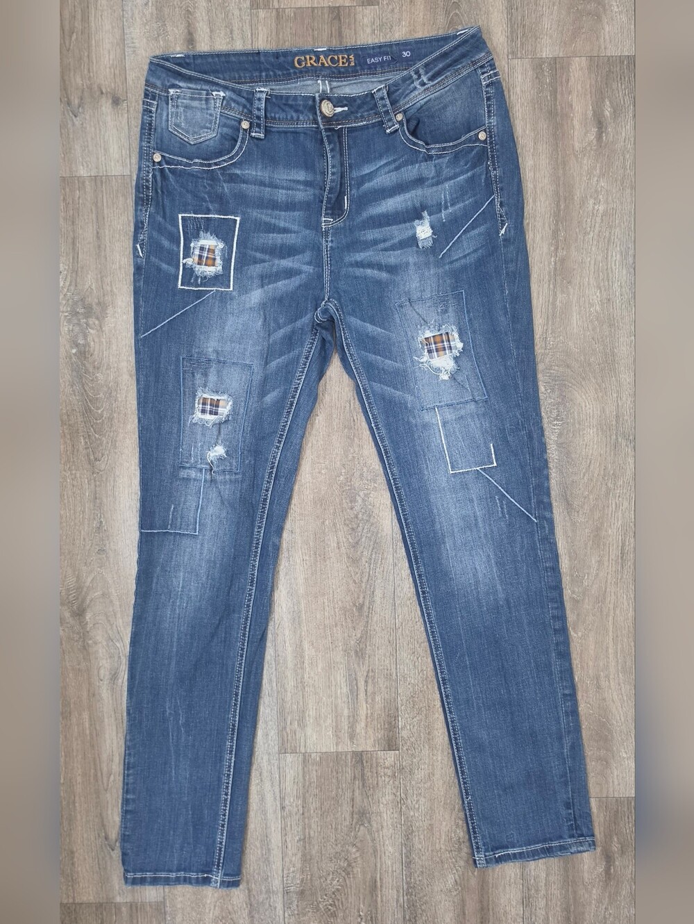 Grace In LA Women's Easy Fit Jeans with Distressed Plaid Patches-Size 30